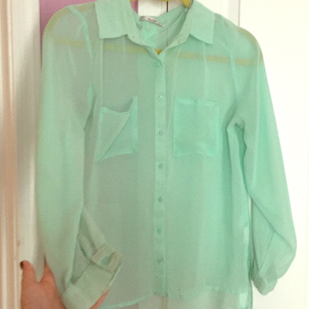 Mint colored chiffon button down shirt.